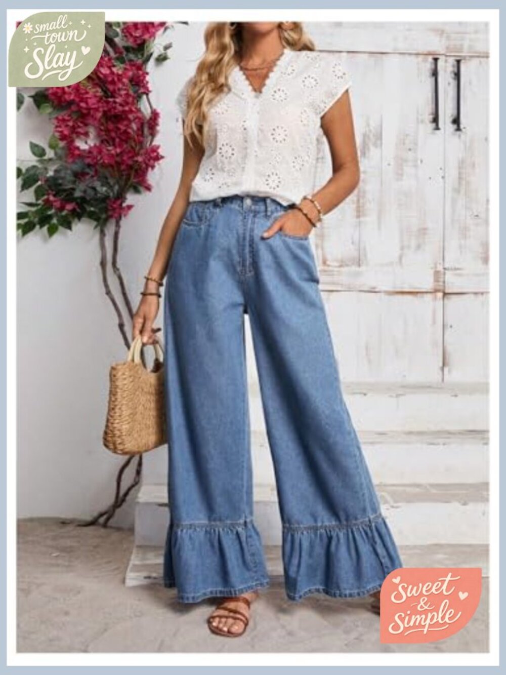 High Waist Wide Leg Ruffled Hem Baggy Jeans Denim Pants - Picture 5 of 6